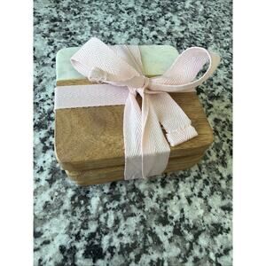 Manchester Coaster Set White Marble & Wood Threshold 4" Square Set of 3